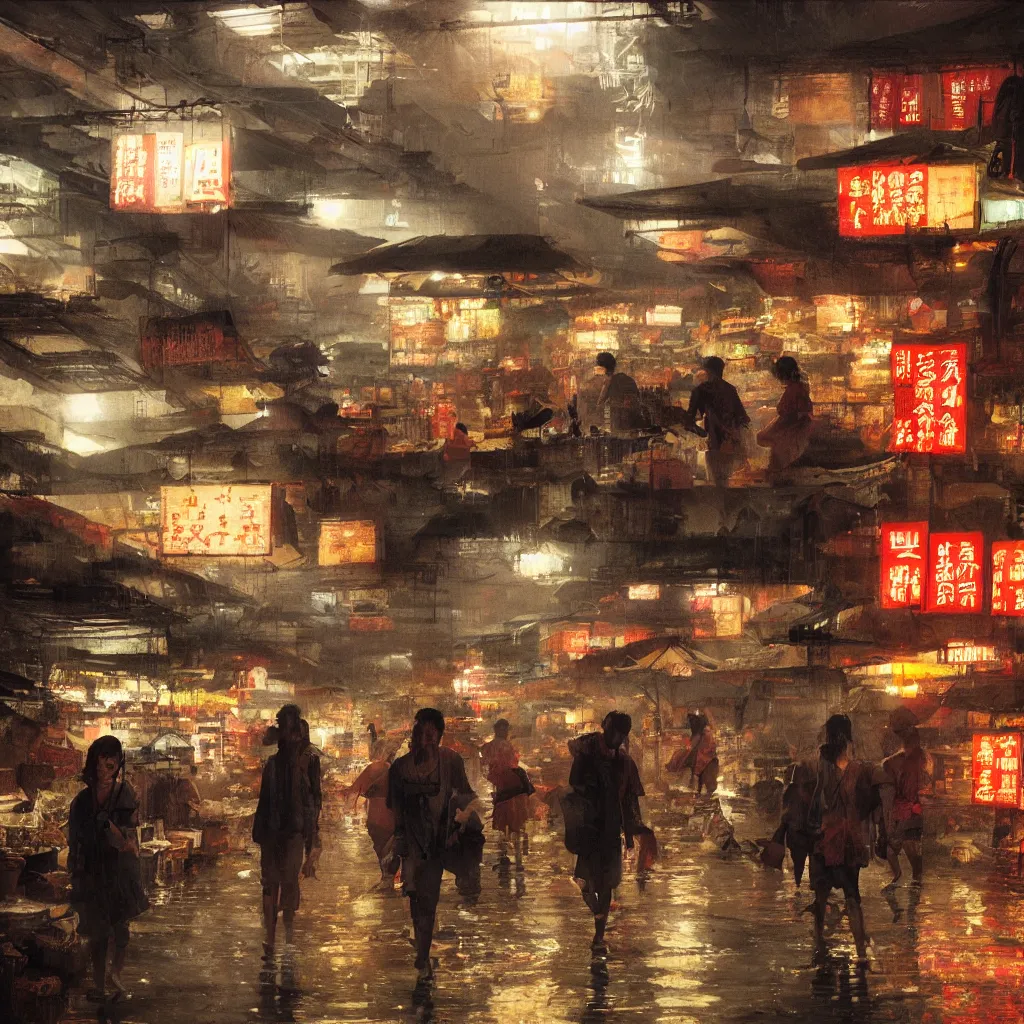 Image similar to an asian wet market at night, by greg rutkowski, cinematic lighting