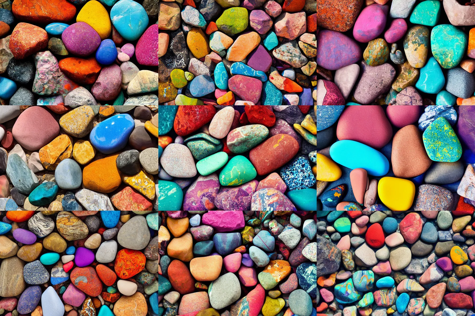 Prompt: the new imaging technique allows previously impossible combinations of camera and film. in this award - winning photograph of a collection of colourful rocks, the camera used was a sony a 7 r with kodachrome film. the resulting image exhibits both the clarity of the sony camera and the rich colour reproduction of kodachrome.