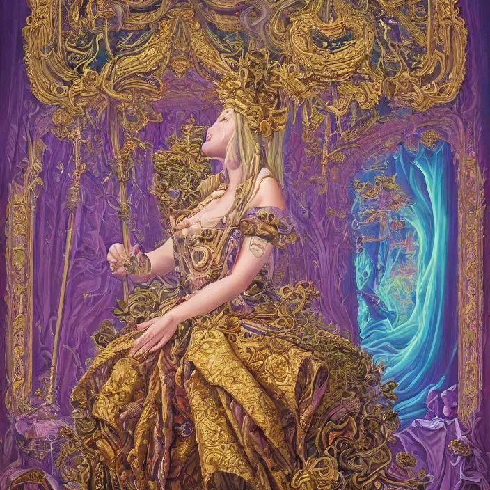 Image similar to beautiful oil painting, full length portrait of dauphinois in baroque coronation robes 1701, Dan Mumford, Dan Mumford, Alex grey, highly detailed , lsd visuals, dmt fractal patterns, hallucinogen, visionary art, psychedelic art, ornate, vaporwave, baroque, Greg rutkowski