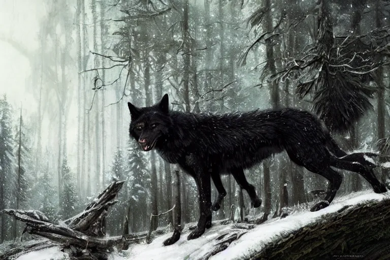 Prompt: a black wolf, standing on top of a fallen tree, winter forest, fantasy, greg rutkowski, cinematic, extremely detailed