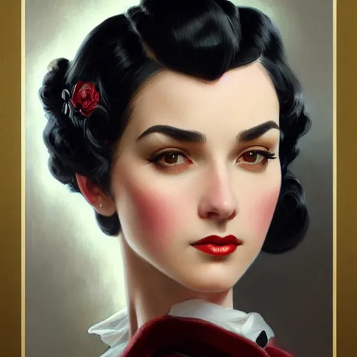 Image similar to a portrait of a woman with black hair, dressed in 1940's fashion, D&D, fantasy, intricate, elegant, highly detailed, digital painting, artstation, concept art, matte, sharp focus, illustration, art by Artgerm and Greg Rutkowski and Alphonse Mucha