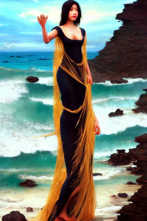Image similar to ! dream photorealistic long shot of a dark mystical goddess wearing a qipao dress, big sun rough sea and jagged rocks, nets, plastic bottles, garbage, sand and sea, golden hour, ao dai, environmental, fantasy, atmospheric, hyper realistic, artstation, art by artgerm, andres rodriguez and john william waterhouse