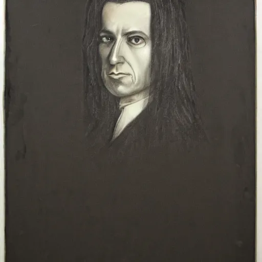 Image similar to charcoal portrait of an austrian gentleman, long black hair, evil