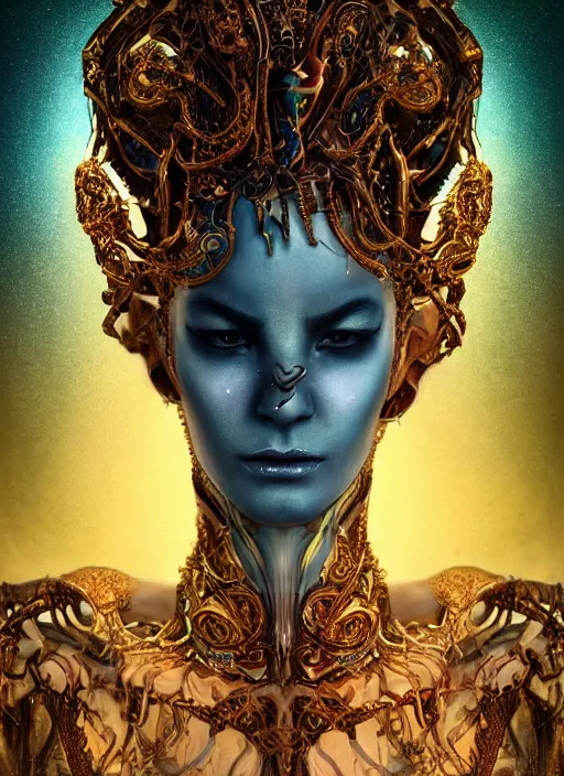 Prompt: epic portrait of menacing, anxious, agitated yet stunningly beautiful biomechanical djinn the terrifying demigod of creation with cyan tears of jealousy overseeing the iridescent fabric of the universe, by charlie bowater, mandy jurgens, gustav klimt, octane render, dramatic camera angle, 4k, 8k, high detail, HDR, by tom bagshaw, powerful, with inspiration from Beksinski, inspired by greek goddess Athena