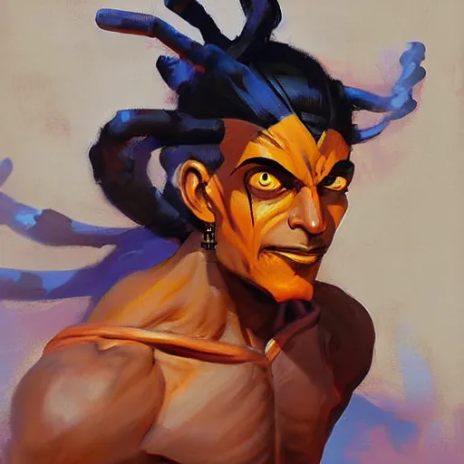 Image similar to greg manchess portrait painting of dhalsim from street fighter shaping a fireball as overwatch character, medium shot, asymmetrical, profile picture, organic painting, sunny day, matte painting, bold shapes, hard edges, street art, trending on artstation, by huang guangjian and gil elvgren and gerald brom