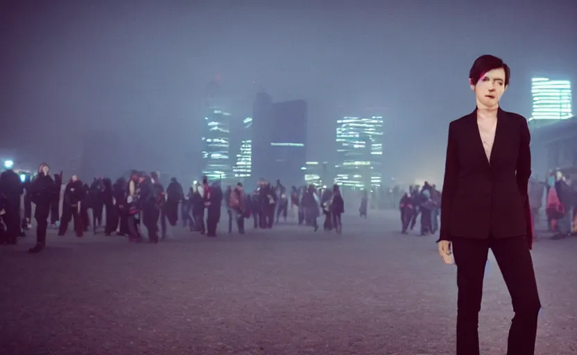 Image similar to a wide shot of a woman with a wool suit, very short hair, blurred face, wearing an omega speedmaster on her wrist in front of a crowded dystopian city full of people walking at night with fog and cyberpunk lights