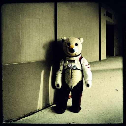 Image similar to lomo photo of teddy bear in spacesuit staying in front of abandoned hospital, dark, moody, foggy, gloomy.