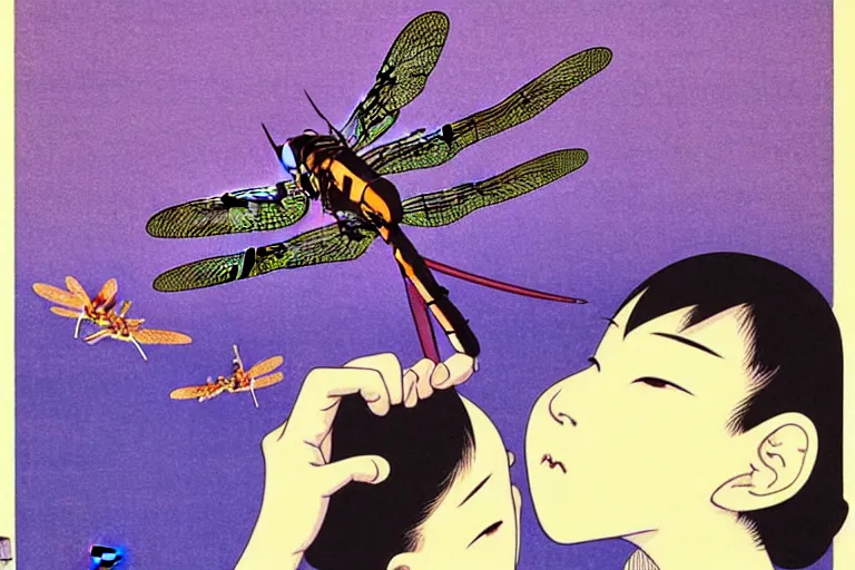 Image similar to gigantic dragonflies with human faces catch tiny robots, a lot of exotic mechas robots around, human heads everywhere, risograph by kawase hasui, edward hopper, satoshi kon and moebius, no text!, colorful flat surreal design, super - detailed, a lot of tiny details, fullshot