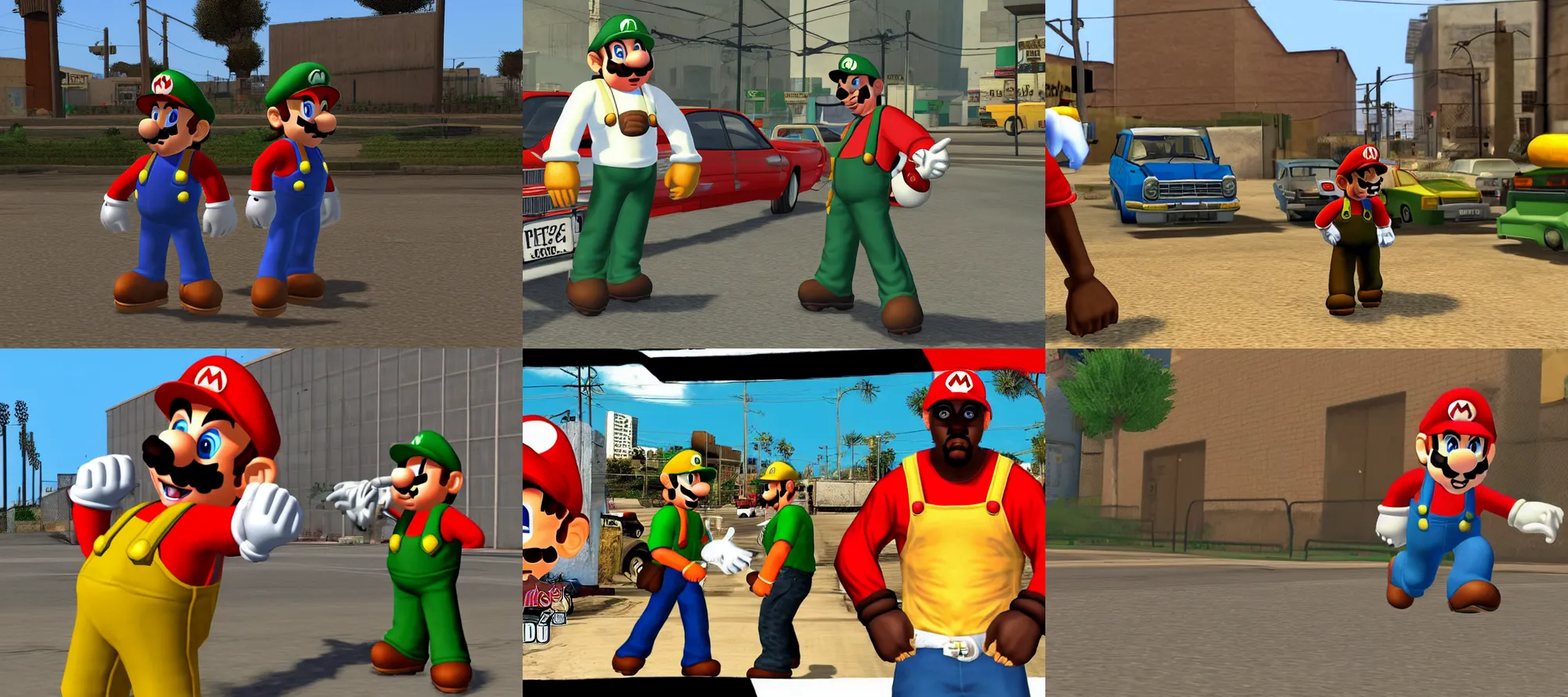 Prompt: super mario in gta san andreas wearing a gang outfit, game screenshot, 4 k