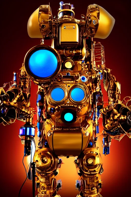 Image similar to portrait photo of a giant huge golden and blue metal humanoid steampunk robot singer with multicolored microphones and big gears and tubes, a red glowing microphone, blue headphones, eyes are glowing red lightbulbs, shiny crisp finish, 3 d render, 8 k, insaneley detailed, fluorescent colors, background is multicolored lasershow