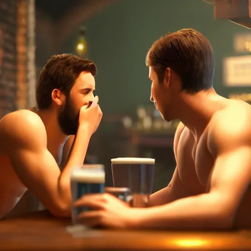 Image similar to cinematic scene with attractive male and another attractive male, no shirts, shorts, drinking their hearts out, in the pub, high definition, very detailed, volumetric lighting, still frame