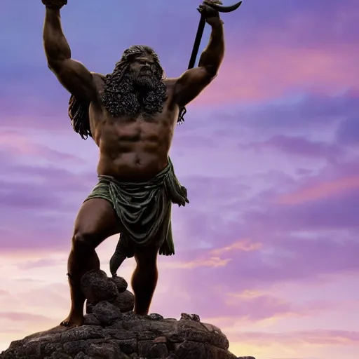 Prompt: a grand bronze statue of a burly muscular viking, wielding a large halberd threateningly in one outstretched hand, flowing hair and long robes, regal and menacing visage, built in a verdant field surrounded by ancient ruins, at dusk with purple twilight sky, enhanced 4 k stylized digital art