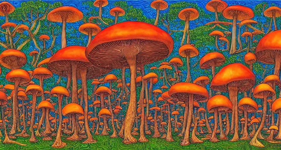 Image similar to A tribal village in a forest of giant mushrooms, by Alex Grey ,