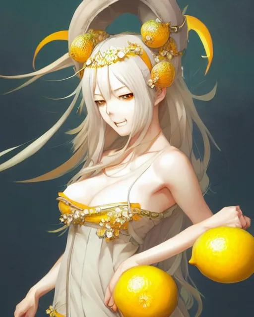 Prompt: character concept art of an anime goddess of lemons | | cute - fine - face, pretty face, realistic shaded perfect face, fine details by stanley artgerm lau, wlop, rossdraws, james jean, andrei riabovitchev, marc simonetti, and sakimichan, tranding on artstation