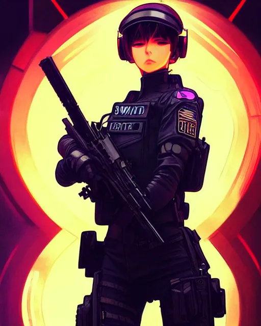 Image similar to anime key visual of a female officer, swat vest, neon, cyberpunk, futuristic, stunning, highly detailed, digital painting, smooth, soft focus, illustration, movie poster, japanese typography, digital art from artstation by artgerm and greg rutkowski and alphonse mucha