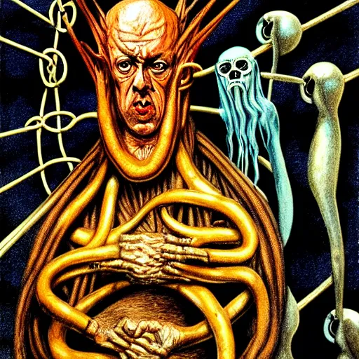 Image similar to graphic illustration, creative design, aleister crowley, biopunk, francis bacon, highly detailed, hunter s thompson, occult, magical, concept art