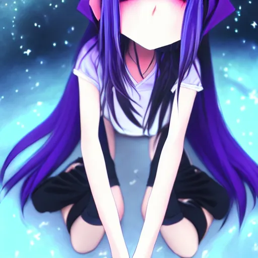 Prompt: A cute young real life 3D anime girl with long blueish violet hair, she is laying on her back, view from her feet, unique camera angle pointing at her face from her feet, wearing a black reaper hood with black pants, a bloody scythe is laying next to her foot, in a dark field, laying on her back, full body, dark and moody lighting, night time