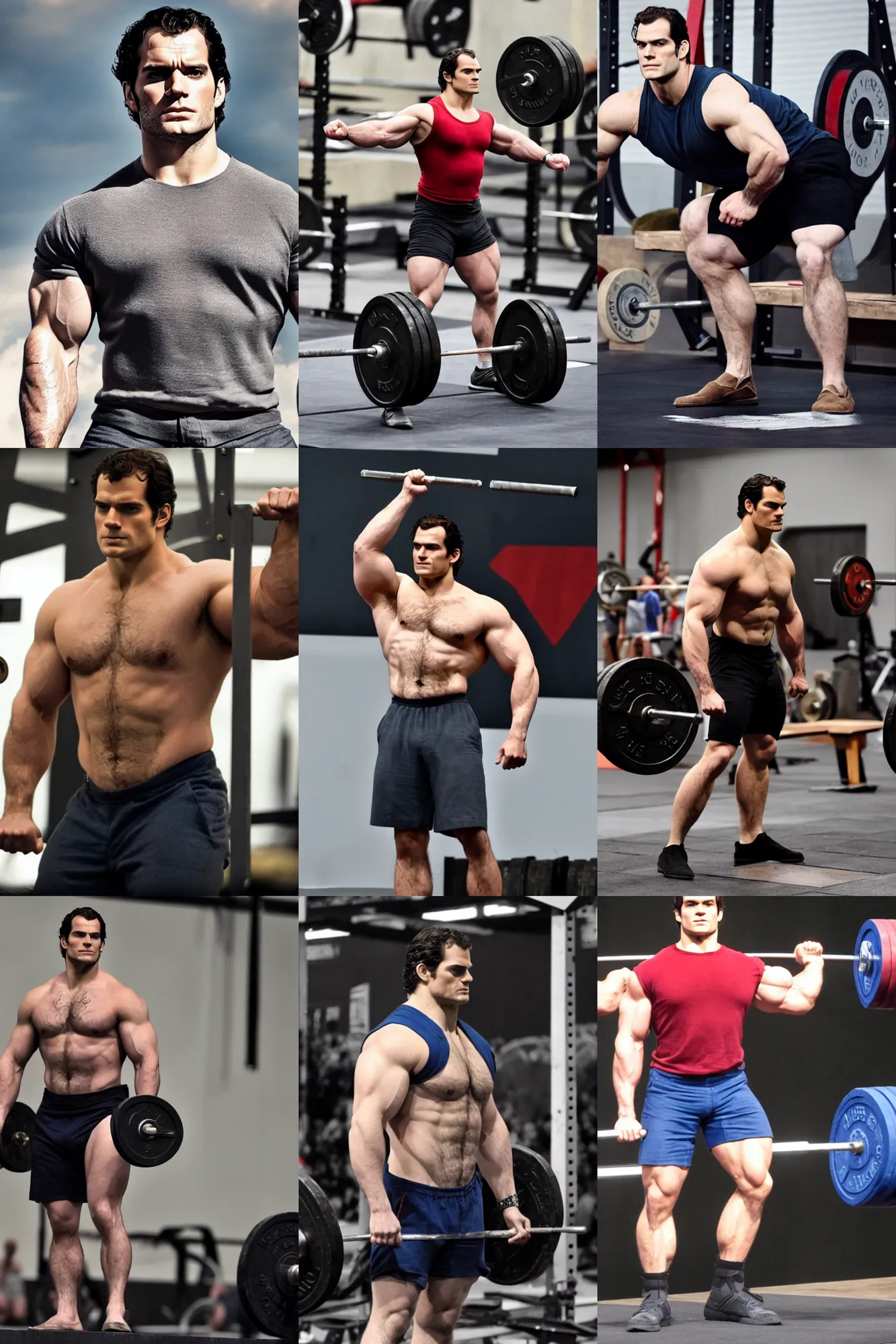 Prompt: henry cavill as a powerlifter, masculine, muscular, handsome, powerful, 4 k hd