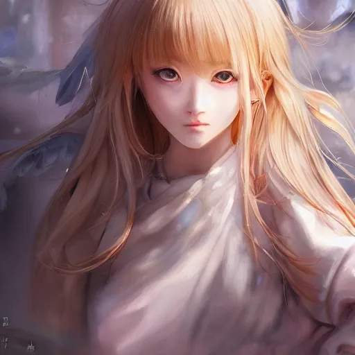 Image similar to dynamic composition, motion, ultra-detailed, incredibly detailed, a lot of details, amazing fine details and brush strokes, colorful and grayish palette, smooth, HD semirealistic anime CG concept art digital painting, watercolor oil painting of a blonde schoolgirl, by a Chinese artist at ArtStation, by Huang Guangjian, Fenghua Zhong, Ruan Jia, Xin Jin and Wei Chang. Realistic artwork of a Chinese videogame, gradients, gentle an harmonic grayish colors.