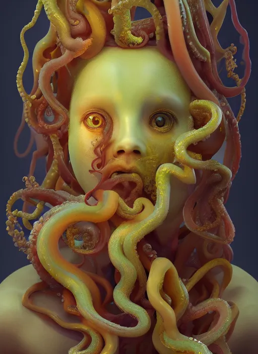 Image similar to subsurface scattering, medusa made of soft wax, cgsociety, translucent, organic squid and ceramic art nouveau swirls, golden orbs, colored smoke, in the style of alberto seveso and ruan jia and beeple and giger, mystical colors, back light, rim light, dramatic lighting, 8 k, stunning scene, raytracing, octane render