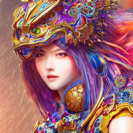 Prompt: legally kind colorful female sacred mech paladin lion dancer pacific rim studio portrait of absurdly beautiful, elegant, young sexy elegant woman, super fine surreal detailed face illustration by kim jung gi, iraq nadar, intricate lines, sharp focus, vibrant colors, matte, octopath traveler, final fantasy, unreal engine highly rendered, global illumination, radiant light, intricate environments