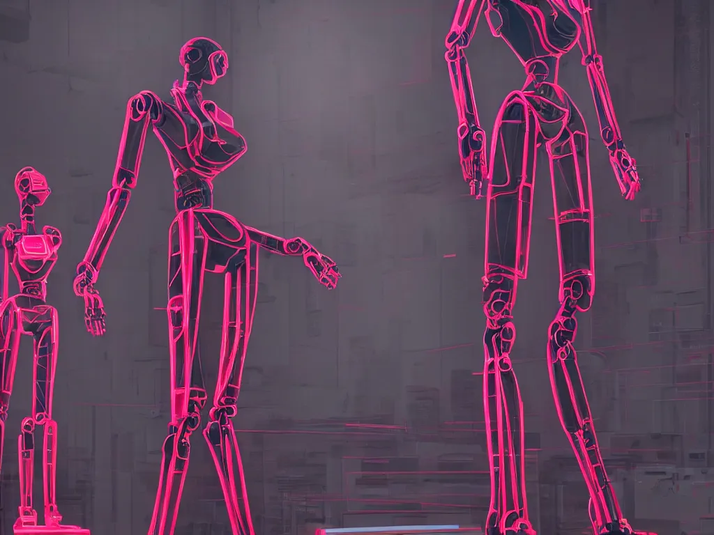 Prompt: beautiful tall female robot printed with red and black 3 d geometrical neon guarding a wall of computers!!!!!!!!!! + flowering vaporwave orchids!!!, transcendent, clean linework, dramatic, finely detailed, 4 k, trending on artstation, photorealistic, award winning, rule of thirds, volumetric lighting, octane render