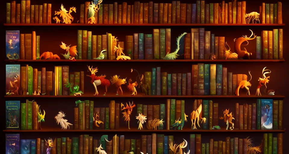 Prompt: a bookshelf of wonderful magical creatures, cinematic lighting, detailed, 4 k