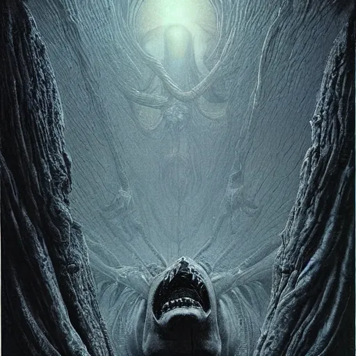 Image similar to Anne hathaway, eldritch terror, cosmic horror, ultra realistic, highly detailed, HD, sharp focus, cinematic lighting, realistic, art by HR Giger, art by Zdzislaw Beksinski