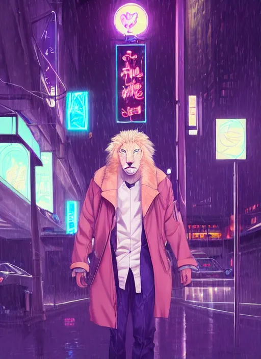 Prompt: beautiful portrait commission of a albino male furry anthro lion wearing a tiger striped jacket. vaporwave city at night in the rain. Neon light. Atmospheric. Character design by charlie bowater, ross tran, artgerm, and makoto shinkai, detailed, inked, western comic book art