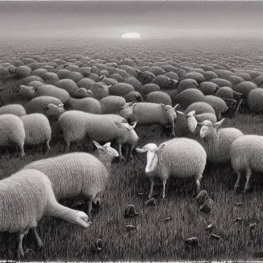 Image similar to dead sheeps in a farm nuclear winter by zdzisław beksinski