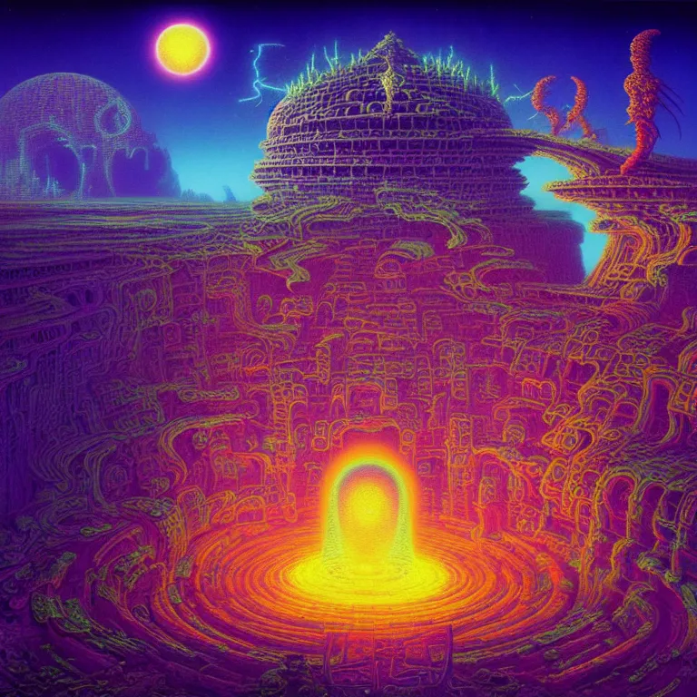 Image similar to mysterious satellites over epic mystical skull temple, infinite fractal tesseract, quantum waves, synthwave, bright neon colors, highly detailed, cinematic, tim white, vladimir kush, philippe druillet, roger dean, bob eggleton, michael whelan, boris vallejo, kubrick