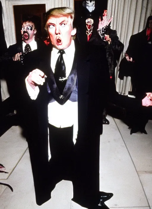 Prompt: candid photo of donald trump as a gothic vampire in the 1 9 9 0 s