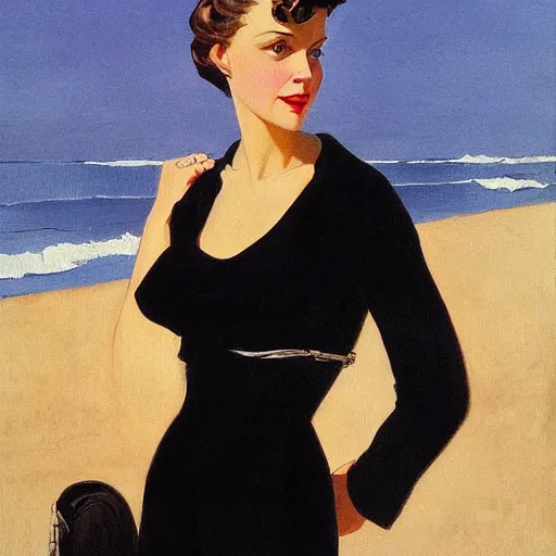 Image similar to woman on the beach, black dress, leyendecker style