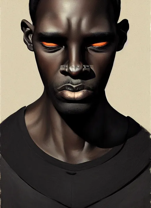 Image similar to portrait of a dark skinned man with a crooked nose and a confident expression, 1 9 6 0 s, black clothes, goth, punk, funk, intricate, elegant, highly detailed, digital painting, artstation, concept art, smooth, sharp focus, illustration, art by wlop, mars ravelo and greg rutkowski