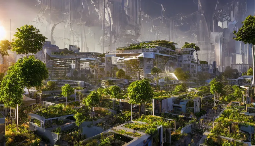 Prompt: Sunrise over solar punk city, many trees and plants, romantic, sun rays, vines, vertical gardens, utopia, beautiful glass and steel architecture, extreme detail, futuristic