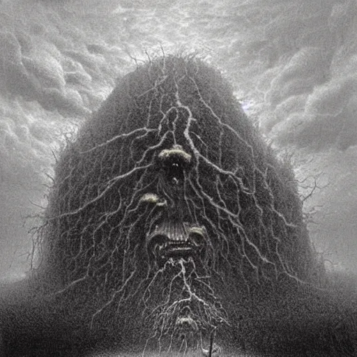 Prompt: a dark storm cloud made out of hundreds of sad ghostly faces. berserk. lovecraftian. painted by beksinski and ted nasmith.