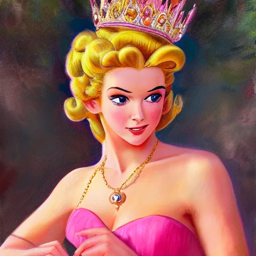 Image similar to An ultra realistic portrait painting of Princess Peach wearing his pink dress and golden tiara in the style of Frank Frazetta, 4k, Ultrarealistic, Highly Detailed, Dark Fantasy, Epic Lighting