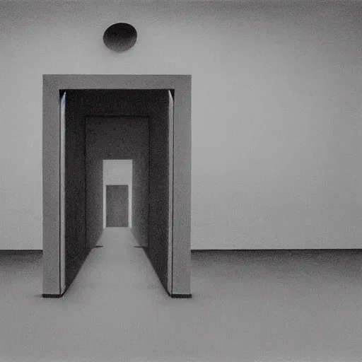 Prompt: empty gallery with the ghost in the middle by Zdzisław Beksiński, irwin penn, Giorgio de Chirico, realistic, digital art, dark, moody, gloomy