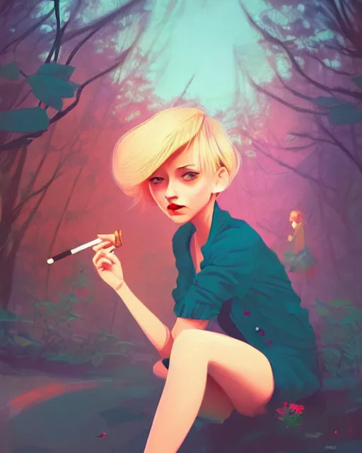 Prompt: digital illustration of pretty girl with short blonde hair hair, from alice in wonderland, smoking, in a wonderland forest, in junkyard at night, by ilya kuvshinov, lois van baarle, rossdraws, basquiat