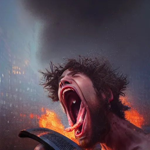 Image similar to a close view of a jewish rabi screaming in panic!!!, derbis!!!, rubble!!, fires!! hyperrealistic, highly detailed, cinematic, foggy light from fires, beautiful, cgssociety, artstation, 8 k, oil painting by greg rutkowski, by artgerm, by wlop