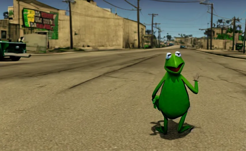 Prompt: kermit the frog in gta san andreas, cinematic shot, 4 k