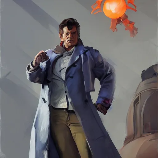 Image similar to greg manchess portrait painting of doctor who as overwatch character, medium shot, asymmetrical, profile picture, organic painting, sunny day, matte painting, bold shapes, hard edges, street art, trending on artstation, by huang guangjian and gil elvgren and sachin teng