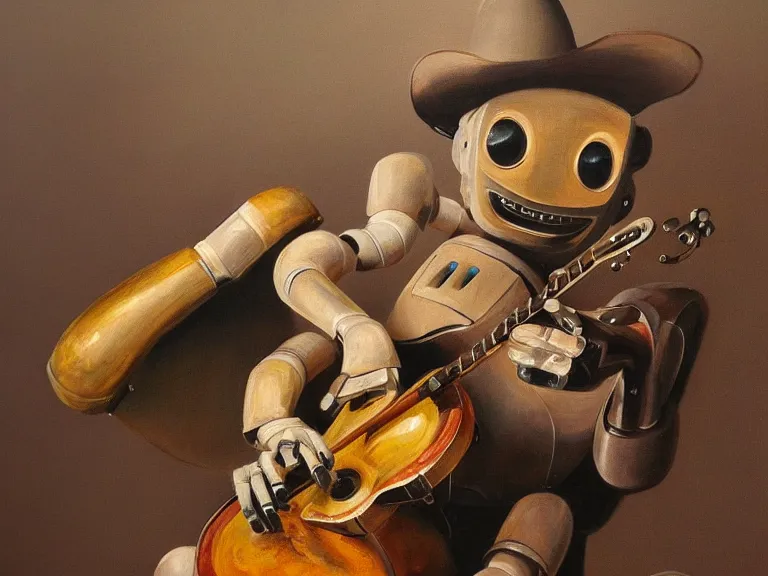 Prompt: painting of a country bumpkin robot playing a banjo, straw in his mouth, style of boris vallejo, high detail, hyper realistic, 8 k