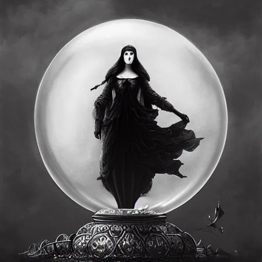 Prompt: By Tom Bagshaw, ultra realist soft painting of a curiosities carnival gigantic transparent glass sphere by night, sofia verga in full gothic dress, symmetry accurate features, very intricate details, omnious sky, black and white, volumetric light clouds