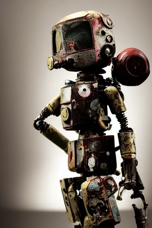 Image similar to a closeup shot of a beautiful art toy figurine by ashley wood and world of aaa, rusty robot, threea toys, intricate dark background, dramatic light