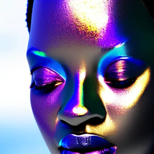 Image similar to portrait of iridescent metallic face, african woman, reflections, smooth, proud looking away, outdoor, blue sky, nature, 8 k, realistic, depth of field, highly detailed, award winning photography,