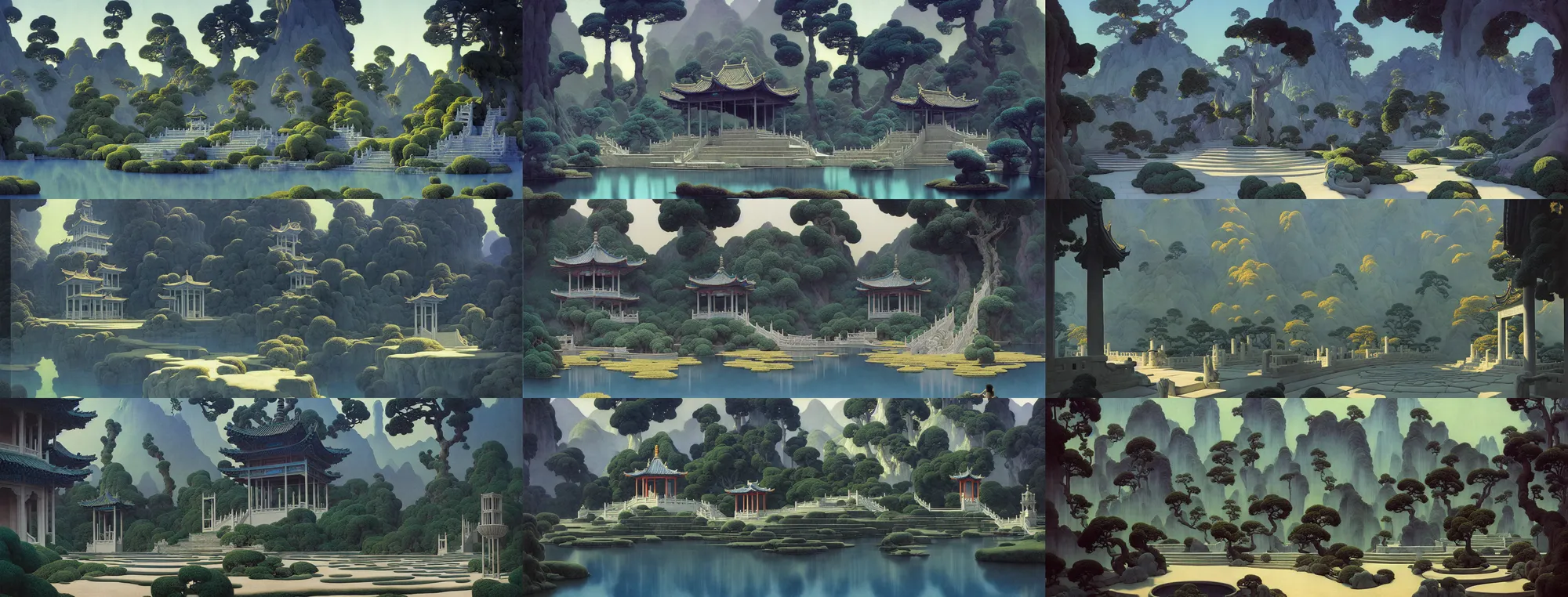 Prompt: a gorgeous landscape painting by barlowe wayne maxfield parrish and marco mazzoni. chinese temple. grey blue and very little light verdancy. the winding steps. ultra clear detailed. 3 d, octane render. turbulent blood lake.