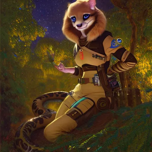 Image similar to a female snake in starfleet uniform at night in a dark forest. zootopia fursona furaffinity furry art detailed face painting by gaston bussiere craig mullins jc leyendecker gustav klimt artgerm greg rutkowski furry