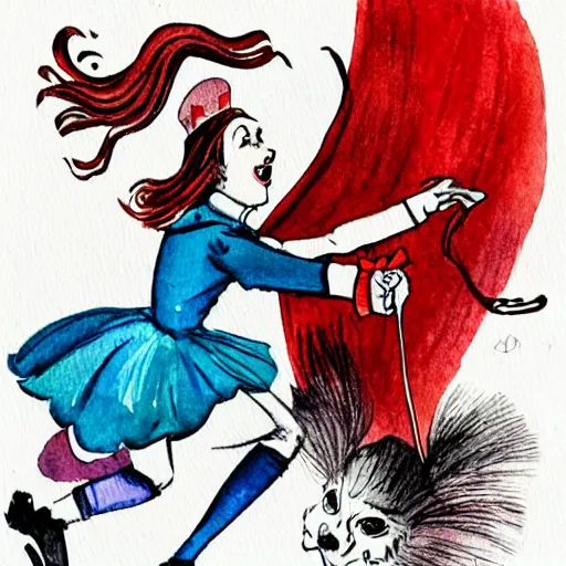 Image similar to action shot of alice from wonderland kicking the head of the red queen like a soccer ball the red queen has comical exes for eyes and her tongue is hanging out, illustration from a children's book, illustration in watercolor