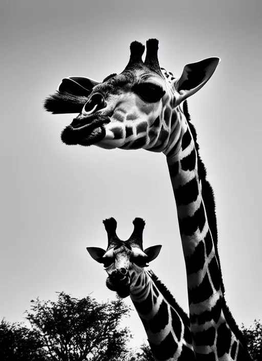 Image similar to two giraffe black and white portrait white sky in background